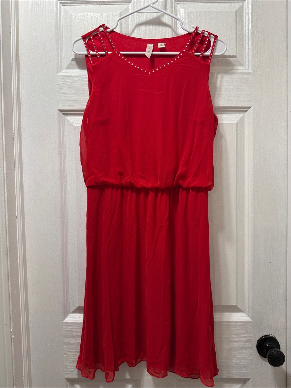 Tacera Red Rhinestone-Trim Sleeveless Tunic Dress